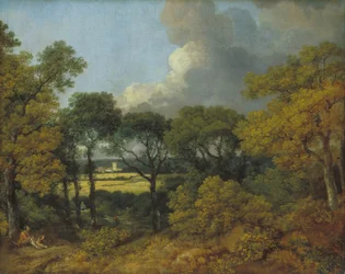 Bosrijk landschap met rustende boer
